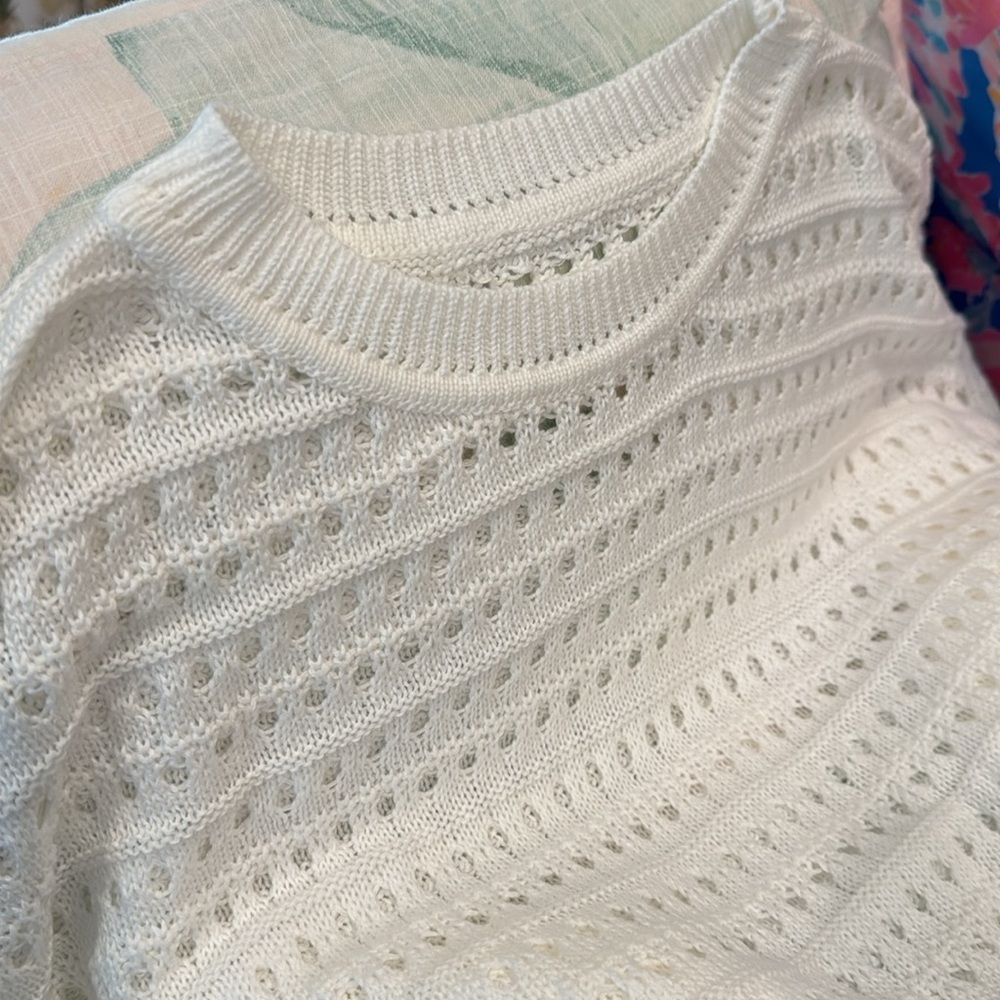 White Crochet Sweater Open Weave Cozy Cotton Blend Bell Sleeves Amazon NWOT - Picture 7 of 8
